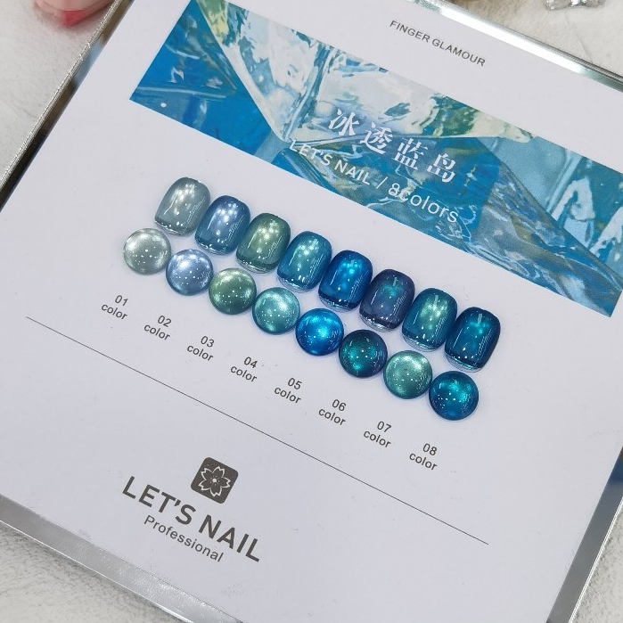 Let's Nail 8 สี สีฟ้าเจลแคทอายเนื้อซาติน + สีเจลแคทอายลูกแก้ว ติดทนนาน เงางามประกายหรูหรา แถมชาร์ทสี