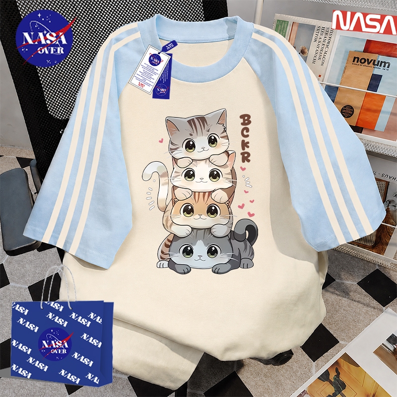 【ของพร้อมส่ง ส่งใน 24 ชั่วโมง】🔥เสื้อยืด ฤดูร้อน ทรงหลวม แขนสั้น สดใส ลายลูกแมว🐱ยูนิเซ็กส์ สีผสม สามแถบ คอกลม เสื้อYG470