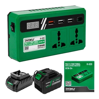 RYOKU Li-ion Battery Inverter (แหล่งจ่ายไฟแบบพกพา) อินเวอร์เตอร์อัจฉริยะอเนกประสงค์ ปลั๊กอัจฉริยะสองอัน เครื่องแปลงไฟ 120W ไร้สาย Power Inverter DC 21V To 220V