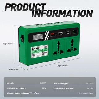 RYOKU Li-ion Battery Inverter (แหล่งจ่ายไฟแบบพกพา) อินเวอร์เตอร์อัจฉริยะอเนกประสงค์ ปลั๊กอัจฉริยะสองอัน เครื่องแปลงไฟ 120W ไร้สาย Power Inverter DC 21V To 220V