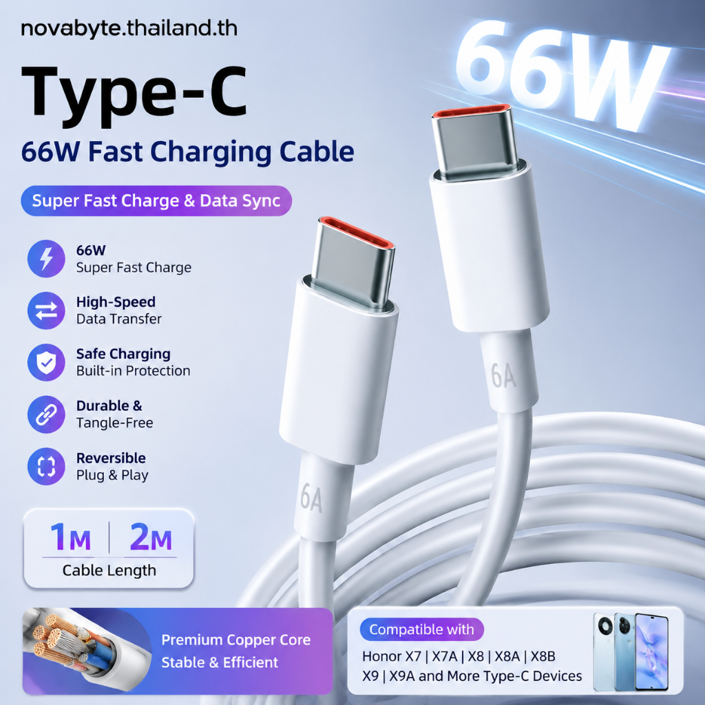 สายชาร์จเร็ว Type-C 66W สำหรับ Honor X7 X7A X7C X8 X8A X8B X9 X9A X9B 1M/2M ส่งข้อมูลไว แกนทองแดง กั