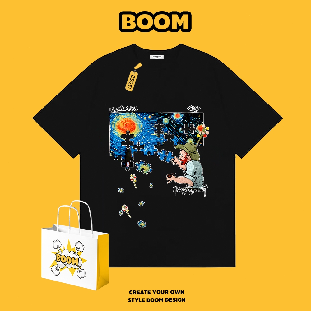 BOOM เสื้อยืดผู้ชายแขนสั้น 100% ผ้าฝ้าย เสื้อยืดคอกลมสีพื้น ลายอวกาศแฟชั่นค่ะ ระบายอากาศดี เหมาะสำหรับเยาวชน