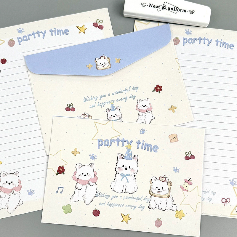 8ชิ้น/เซ็ต อิน สุนัขน่ารักซองจดหมายที่มีแผ่นจดหมาย ทําเอง น่ารัก รักจดหมายเขียนกระดาษของขวัญห่อวันเกิดแต่งงานบัตรเชิญโปสการ์ดการ์ดอวยพรปก