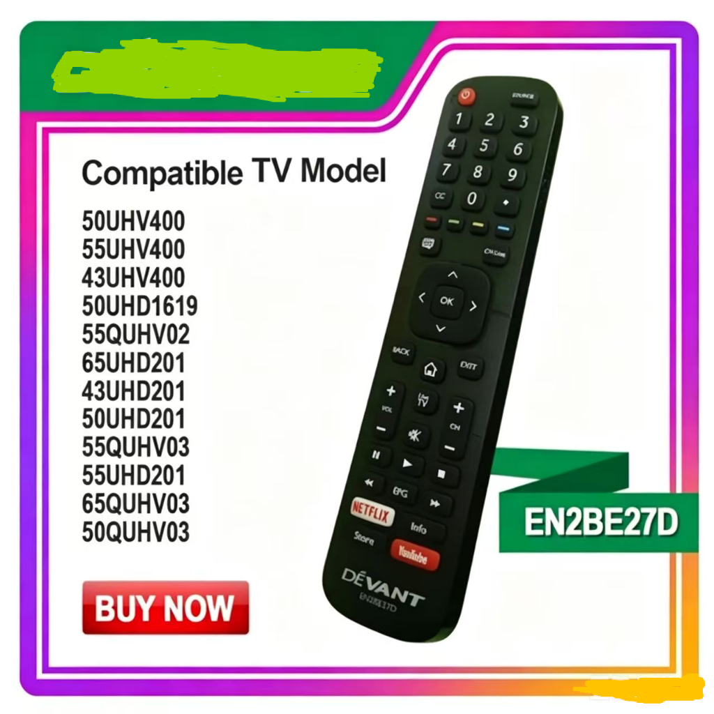EN2BE27D DEVANT รีโมทคอนโทรลเข้ากันได้กับทีวีรุ่น 50UHV400 / 55UHV400 / 43UHV400 / 50UHD1619 / 55UHH