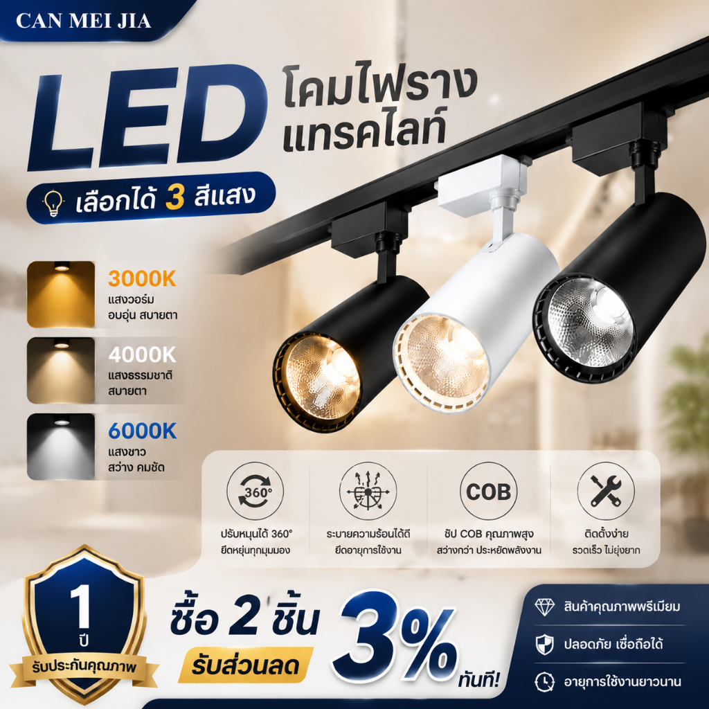3สี ชุดไฟแทร็ค LED สปอร์ตไลท์ Track Light COB ไฟราง รางไฟ led เพดาน 50w 40w 30w 20w 12w ร้านค้า โชว์รูม โคมไฟบ้าน ห้องนั่งเล่น โคมไฟเพดานห้องนอน 220V