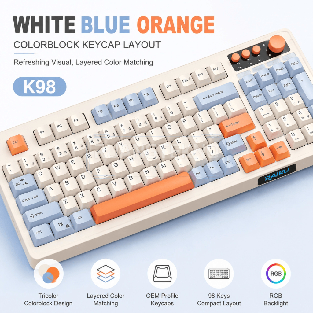 K98 Mechanical Keyboard, White-Gray-Orange 98-Key Compact Layout, รองรับ Hot-Swap RGB Backlit Gaming