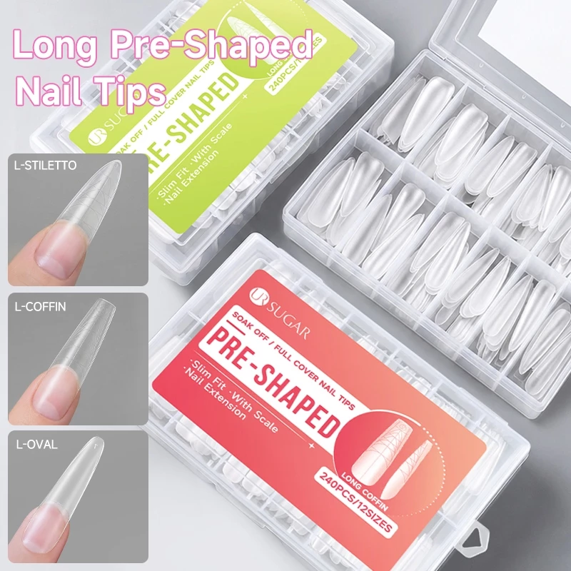 UR SUGAR 240 ชิ้นเจลนุ่มเล็บยาวเคล็ดลับพร้อมคู่มือสาย Full Matte เล็บปลอมภาษาฝรั่งเศสคําคลุมทั้งหมดหลายรูปร่างกดบนเล็บ Extensions Salon เครื่องมือ