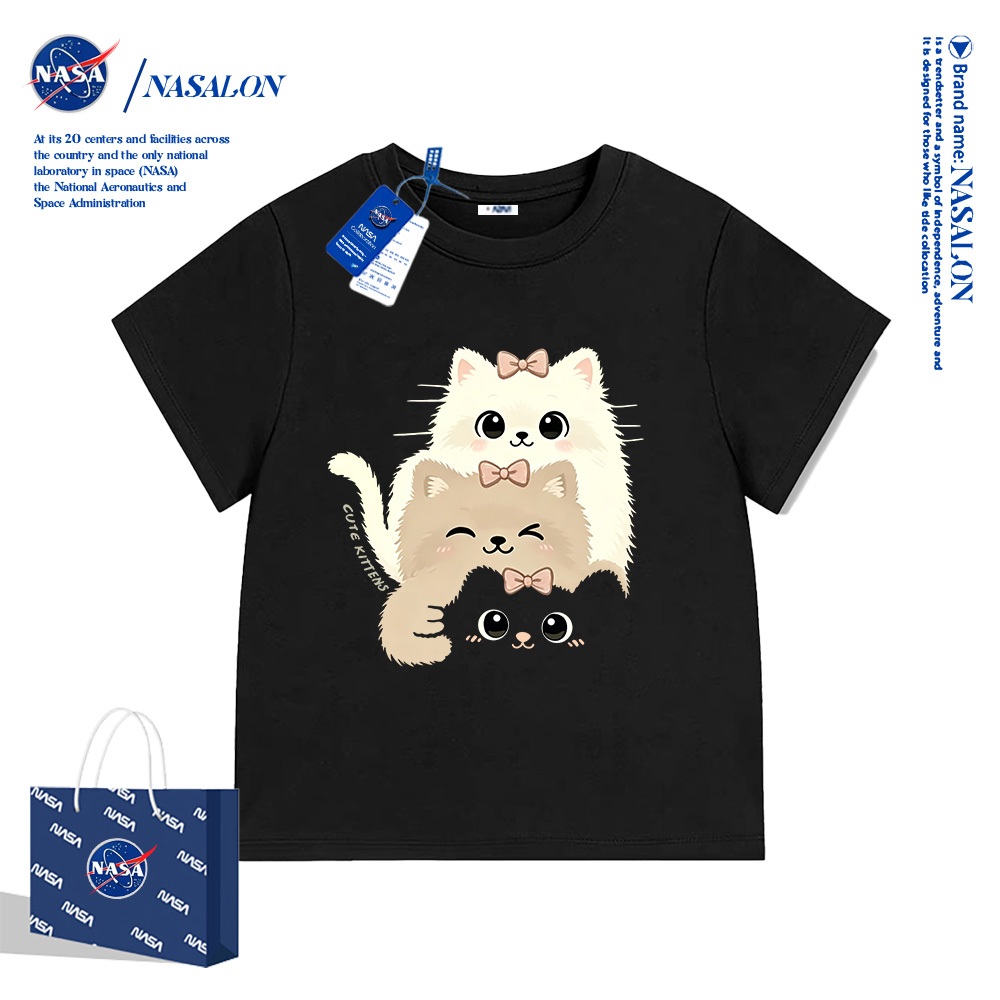 NASA เสื้อยืดแขนสั้นเด็ก ผ้าฝ้าย 100% ลายการ์ตูนน่ารักรูปแมวค่ะ ระบายอากาศดี เหมาะสำหรับเด็กอายุ 1-12 ปี ใส่ได้ทุกสไตล์