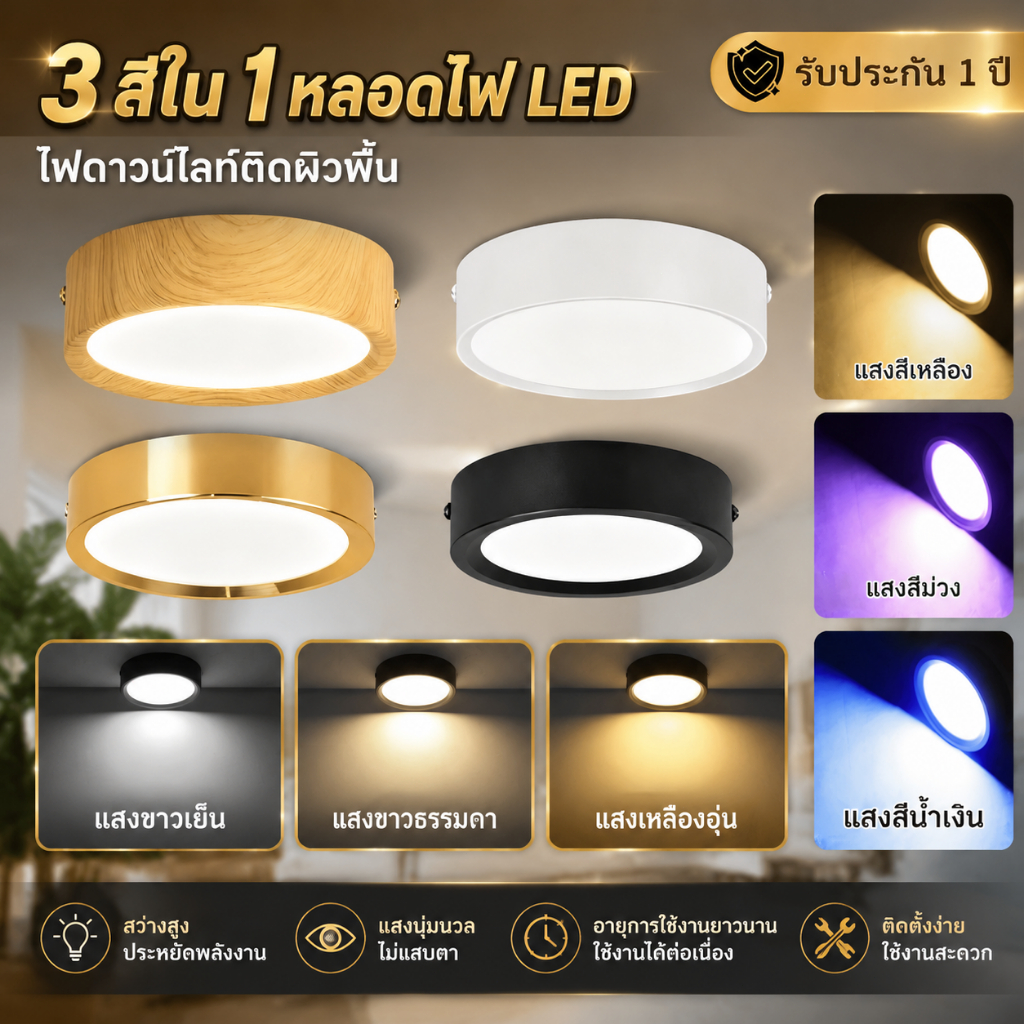 CANMEIJIA  โคมไฟติดผิวพื้น ไฟดาวน์ไลท์ติดผิวพื้น โคมไฟติดผิวพื้น 3 สี เปลี่ยนอุณหภูมิแสงด้วยสวิตช์ (3000K-6000K) 3W-25W ให้เลือก 4 สี (ดำ/ขาว/ทอง/ลายไม้) ไม่ต้องเจาะฝ้า ติดตั้งง่าย ไฟเพดาน LED ประหยัดไฟ สำหรับห้องนั่งเล่น ห้องนอน สำนักงาน พร้อมส่ง