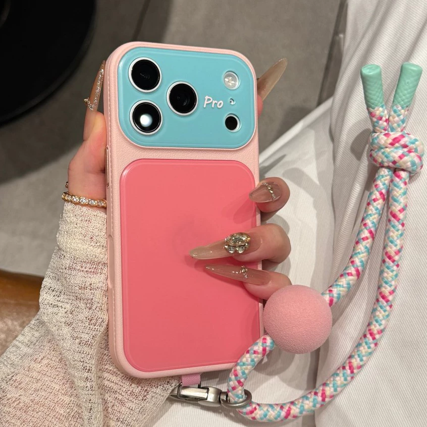 ป้องกันเลนส์สีลูกกวาดอะคริลิ Wrsit สายคล้องเคสโทรศัพท์สําหรับ iPhone 17Promax 17Pro 13 14 15 16 Pro Max กันกระแทกผู้หญิงฝาครอบมือถือ
