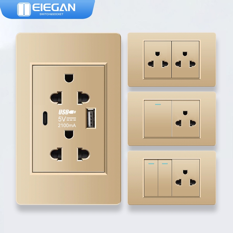 ELEGAN สวิตช์ผนังซ็อกเก็ตแผงวัสดุ PC-A18 สีทอง USB TYPE-C