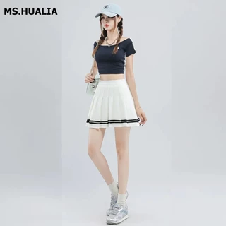 MS.HUALIA กระโปรงเทนนิสมีซับในในตัว ดีไซน์แต่งแถบและจับจีบ