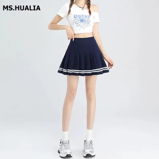 MS.HUALIA กระโปรงเทนนิสมีซับในในตัว ดีไซน์แต่งแถบและจับจีบ
