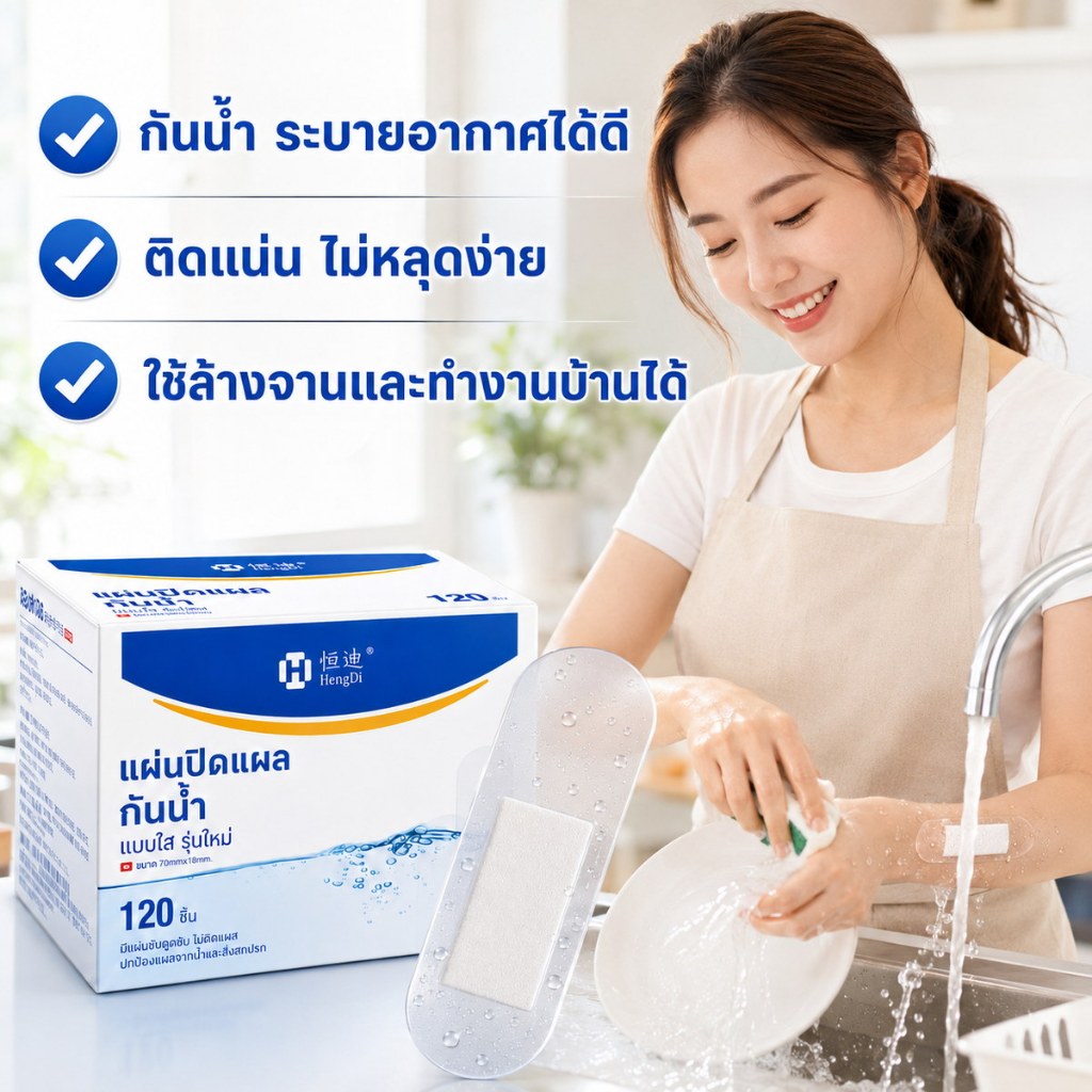 ผ้าปิดแผล 120 ชิ้น/กล่อง กันน้ำระบายอากาศ แบบใสบางเบา กาวเหนียวแน่นไม่หลุด
