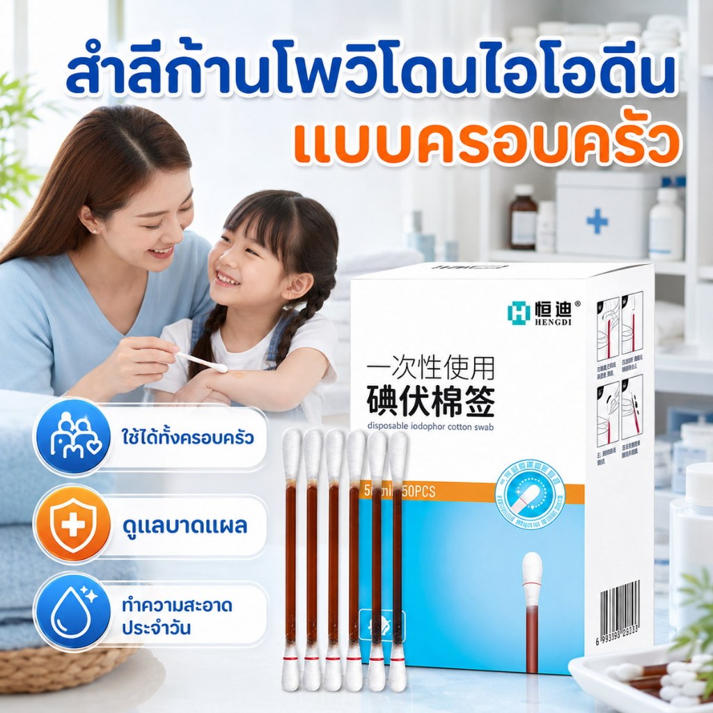 เฮงดิ เบตาดีน สําลีไอโอดีน50ชิ้น/กล่องบรรจุเป็นรายบุคคลสะอาดและปลอดภัยเหมาะสําหรับทั้งครอบครัวการรักษาทําความสะอาดแผลครัวเรือนที่สําคัญอุป