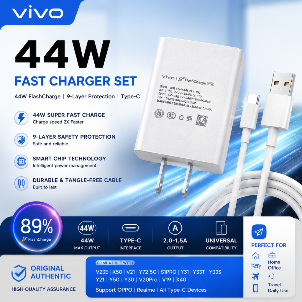 ชุดชาร์จเร็ว ViVO 44W Type-C พร้อมหัวชาร์จ+สาย 4A ชาร์จไว ใช้ได้กับ V23E V21 V20 X50 Y72 รับประกัน 1
