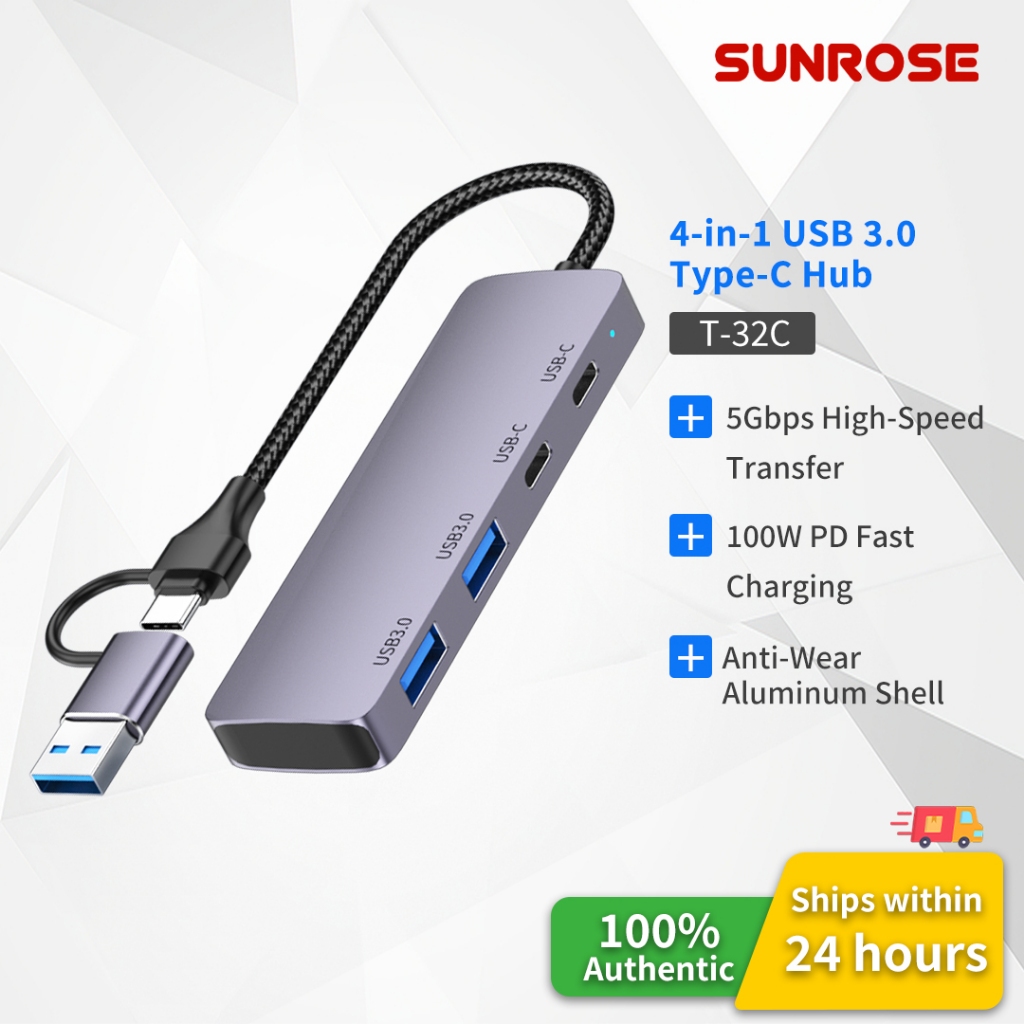 SUNROSE USB Hub 4 พอร์ต USB 3.0 Type-C ความเร็วสูง 5Gbps ชาร์จเร็ว PD 100W 4x USB 3.0 ตัวเครื่องอะลูมิเนียม Plug & Play สำหรับ PC โน้ตบุ๊ก MacBook