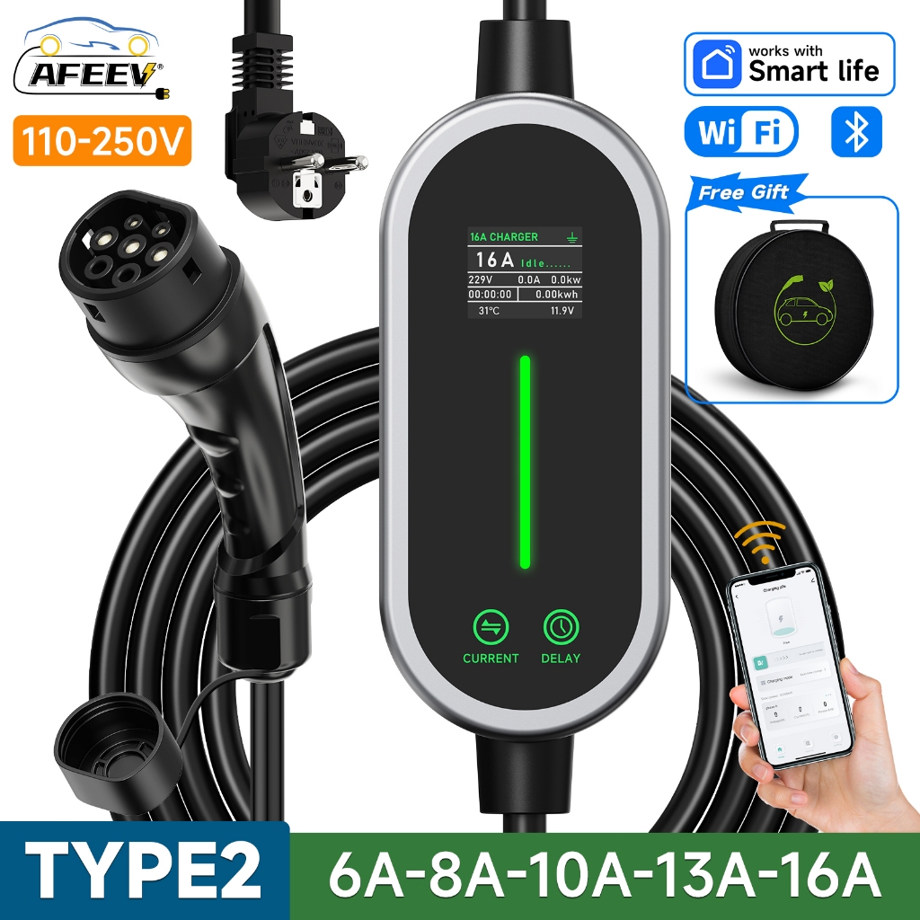 【จัดส่งในประเทศ】AFYEEV Type2 IEC62196-2 สายชาร์จรถยนต์ไฟฟ้า 16A 3.6kW 1Phase Wallbox Type2 EVSE สายชาร์จ EU Plug WiFi APP การควบคุมบลูทูธ