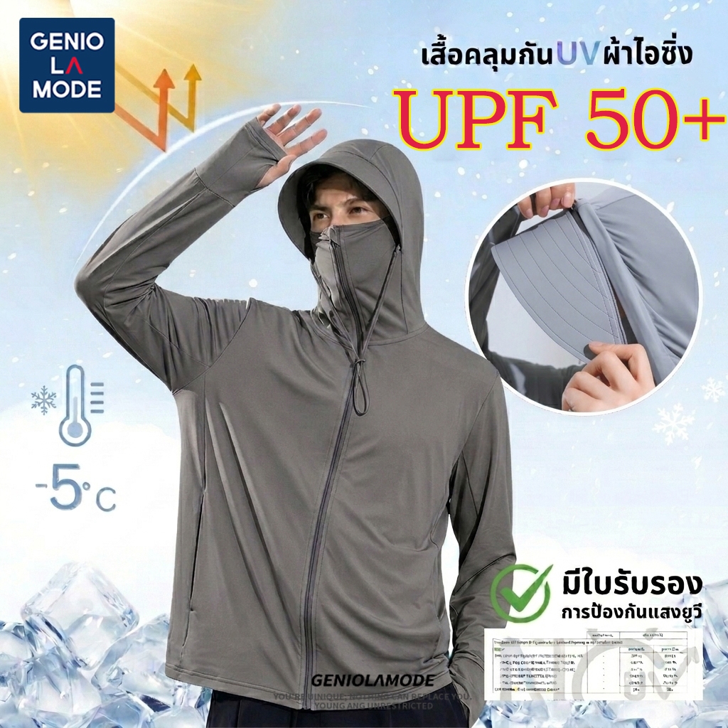 GENIO LAMODE เสื้อกันแดด ไซส์ใหญ่ M-5XL แห้งไวไม่เหม็นอับ กัน UV ผ้าไหมเย็น ปีกหมวกถอดได้