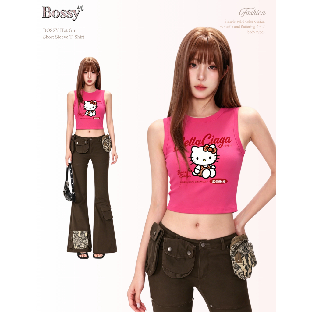 BOSSY เสื้อกล้ามสาวแซ่บ ลาย Hello Kitty และตัวอักษร สไตล์อเมริกันวินเทจ ผ้าฝ้าย100%#C+5515