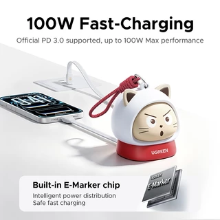 UGREEN สายชาร์จแบบหดเก็บได้ 100W ลุคแมวน่ารัก ทนทาน ชาร์จเร็ว ถ่ายโอนข้อมูล ทำจากซิลิโคนนุ่มสัมผัส สําหรับ iPhone 17 Pro Max Samsung Xiaomi Huawei Macbook