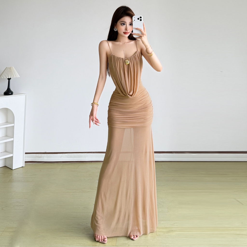 Kliou เซ็กซี่ Slim ตาข่ายดูผ่าน Maxi ชุด Ruched สะโพก-ห่อดู Slimmer ผู้หญิงฤดูร้อนสไตล์สาวเผ็ด