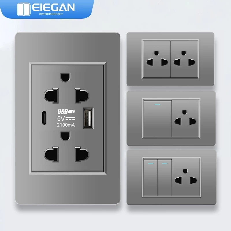 ELEGAN สวิตช์ผนังซ็อกเก็ตแผงวัสดุ PC-A18 สีเทา USB TYPE-C