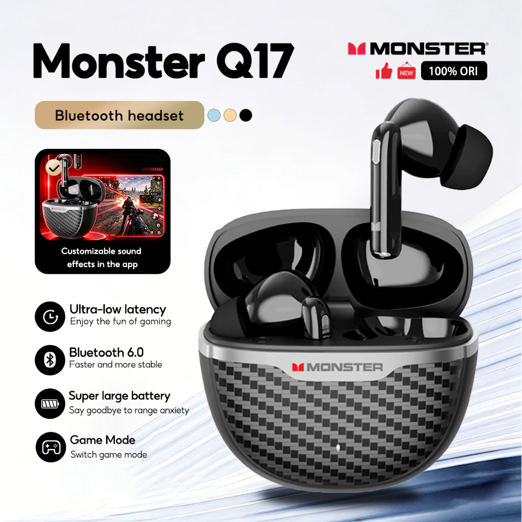 Monster Q17 บลูทู ธ 6.0 หูฟัง แอป เอฟเฟกต์เสียงที่ปรับแต่งได้คุณภาพสูงสุด ๆ หูฟังสําหรับเล่นเกมกลางแจ้งกันน้ําและกันเหงื่อแบ