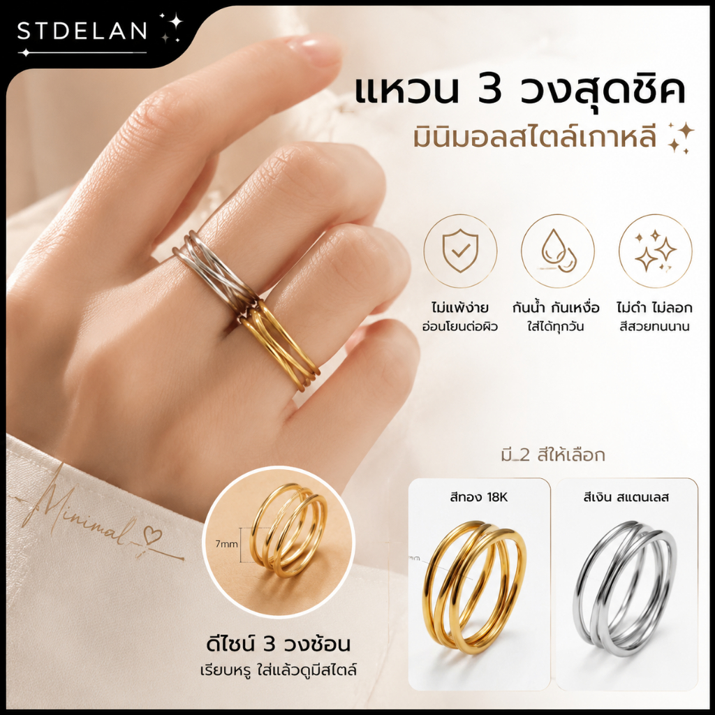 【STDELAN】แหวนผู้หญิงสามวงสไตล์เกาหลีเรียบง่าย แหวนนิ้วชี้สไตล์วินเทจเย็นตัว ป้องกันภูมิแพ้ กันเหงื่อกันสนิม ใส่นานไม่ซีดสี มีสีทองและสีสแตนเลสให้เลือก