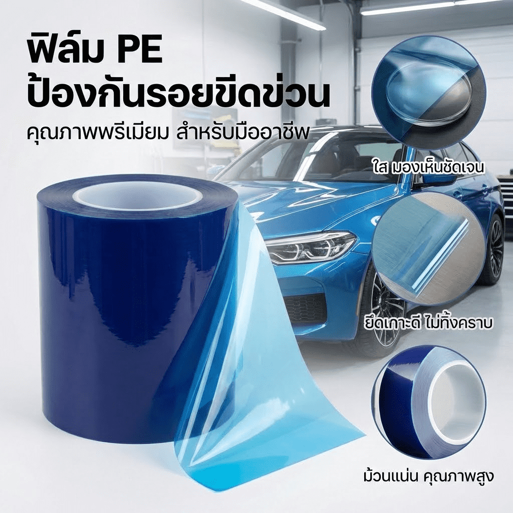 ฟิล์มกันรอยติดรถยนต์ หรือ เทปกันรอยขีดข่วน สีฟ้า กว้าง 50/30/20/10 ซม. ยาว 200เมตร/1ม้วน กันรอยขีดข่วนไม่ทิ้งคราบกาว ราคาต่อม้วน