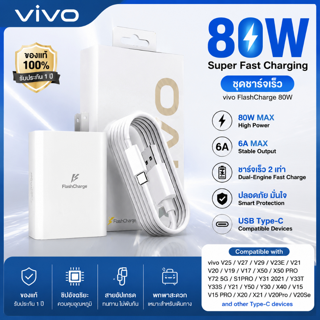 ชุดชาร์จเร็ว 80W ของแท้ USB Type-C พร้อมสาย 6A ทนทาน มี มอก. รองรับ V25 V27 V29 X50 Y72 ใช้บ้านออฟฟิศ
