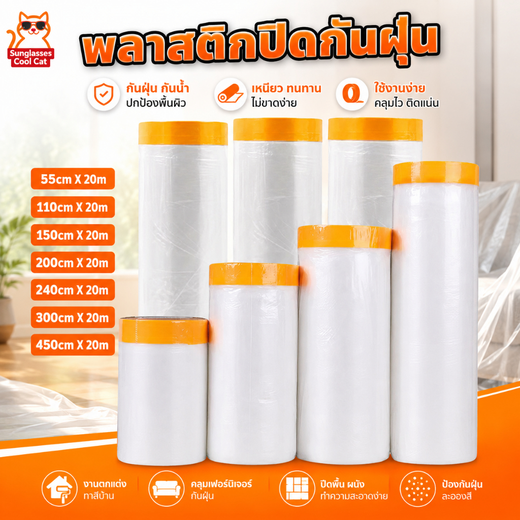 พลาสติกป้องกันฝุ่นเฟอร์ กันน้ำ ป้องกันฝุ่น ยืดหยุ่น ชนิดมีเทปกาวใน ใช้งานได้หลากหลายในห้องนั่งเล่น