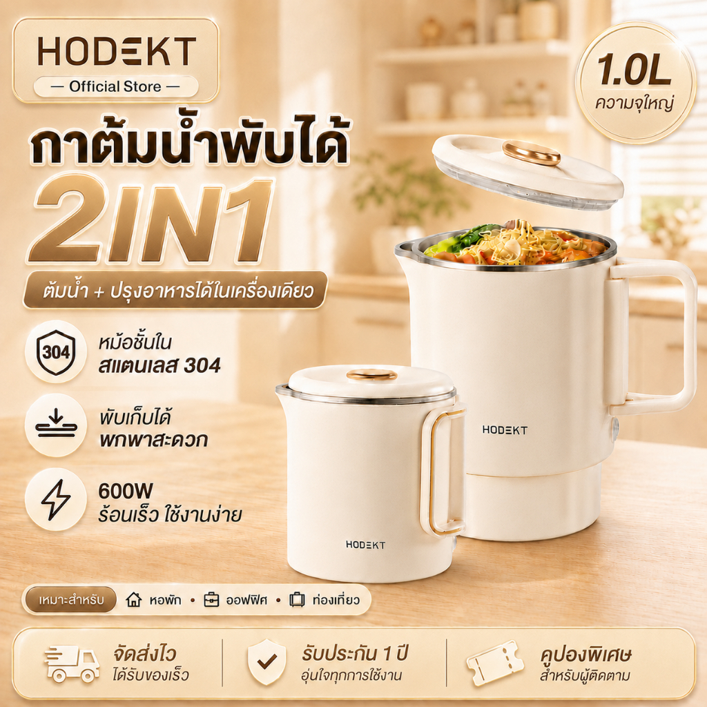 HODEKT กาต้มน้ําไฟฟ้า 1ล กาต้มน้ําอเนกประสงค์ ต้มน้ําได้เร็วใน 4 นาที กาต้มน้ําพับได้ วัสดุสแตนเลส ร้อนเร็ว