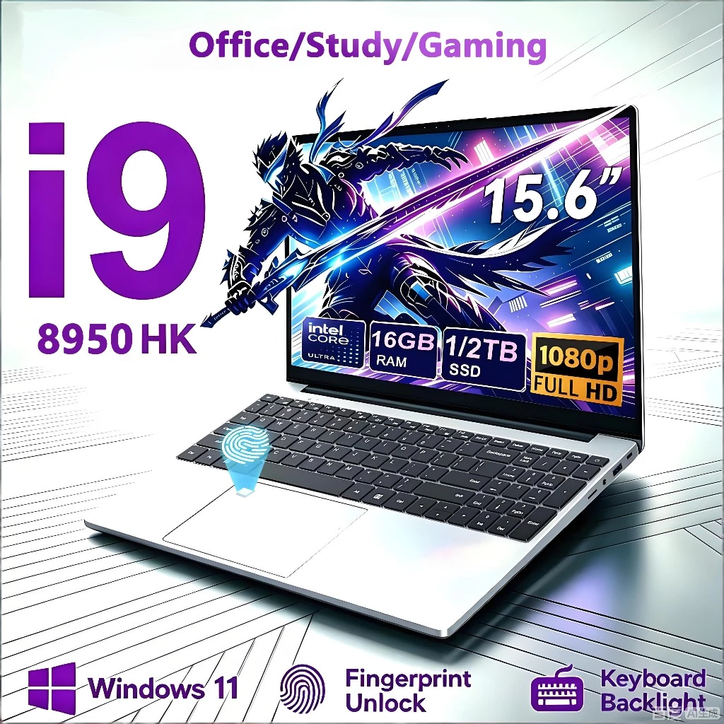 Free MS Office2026 ใหม่แล็ปท็อปสําหรับเล่นเกม 15.6 นิ้ว Intel Core i9 คอมพิวเตอร์ Windows 11 Pro 16GB DDR4 1TB SSD คีย์บอร์ดเรืองแสงปลดล็อคลายนิ้วมือแล็ปท็อปแบบพกพา