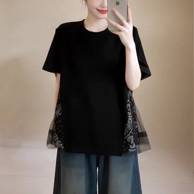 Keey เสื้อยืดแขนสั้นตาข่ายแฟชั่นสตรีเกาหลี T269