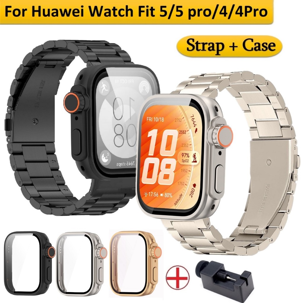 Luxury สาย+เคส For สาย Huawei Watch Fit 5 Strap PC เคส Huawei Watch fit 5 pro Case Stainless Steel Huawei Watch Fit 5 Pro สาย Metal สาย Huawei Watch Fit 4 Strap Metal Huawei Watch fit 5 สาย Steel สาย Huawei fit 5 pro Strap Hard เคส Huawei fit 5 pro Case