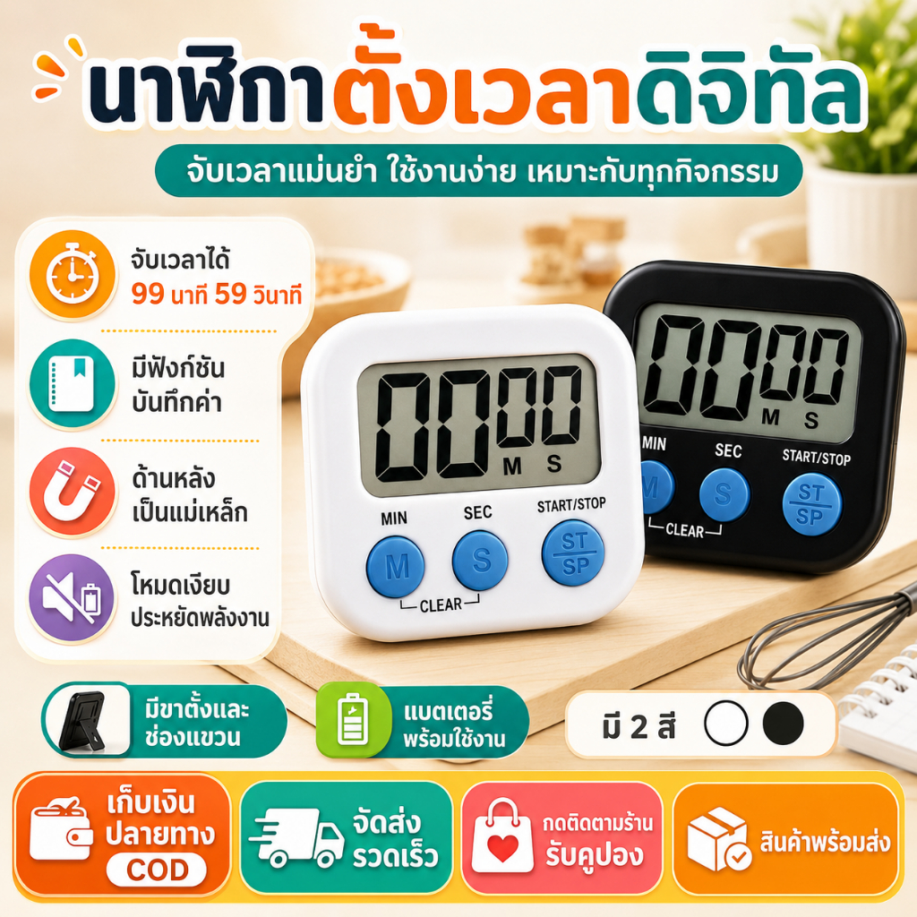 นาฬิกาจับเวลาดิจิตอล จอใหญ่ เสียงดัง มีแม่เหล็ก ตัวเลขชัด สำหรับทำอาหารและอ่านหนังสือ