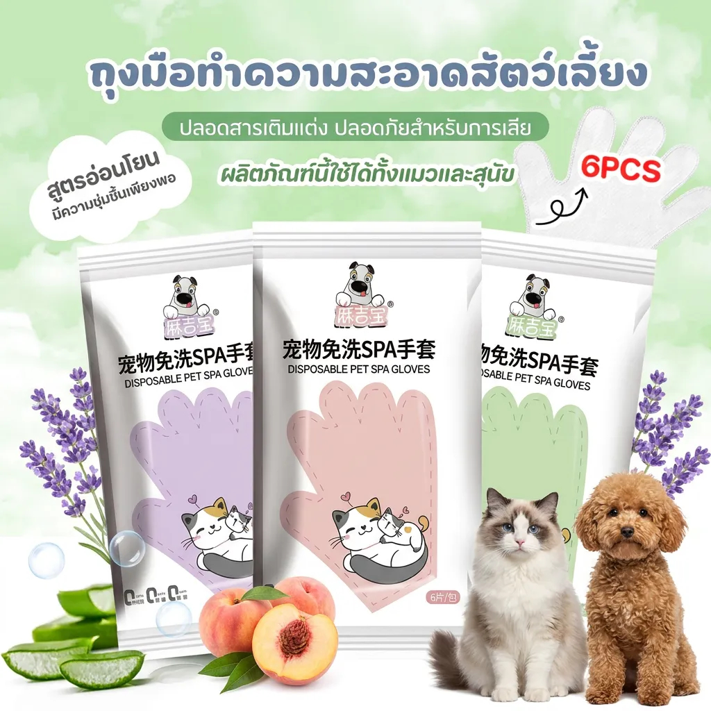 จัดส่งจากท้องถิ่น🚚ถุงมืออาบน้ำสัตว์เลี้ยง No Rinse แมว-สุนัข อาบน้ำแห้งไม่ต้องล้าง สูตรอ่อนโยน ไม่ระคายเคือง กำจัดกลิ่นอับ 6-18ชิ้น