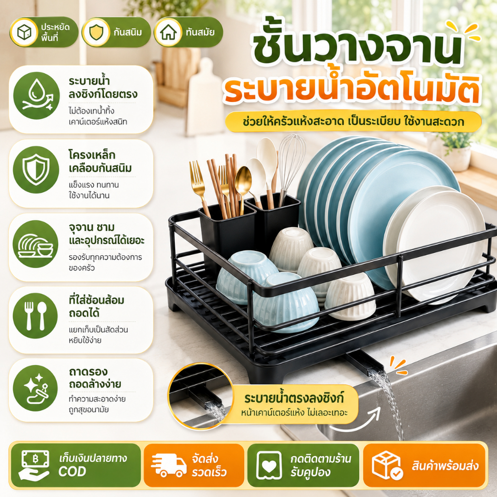 ชั้นวางจานสแตนเลส 2 ชั้น พร้อมถาดรองน้ำและท่อระบายน้ำอัตโนมัติ ที่คว่ำจานกันสนิม จัดระเบียบครัว