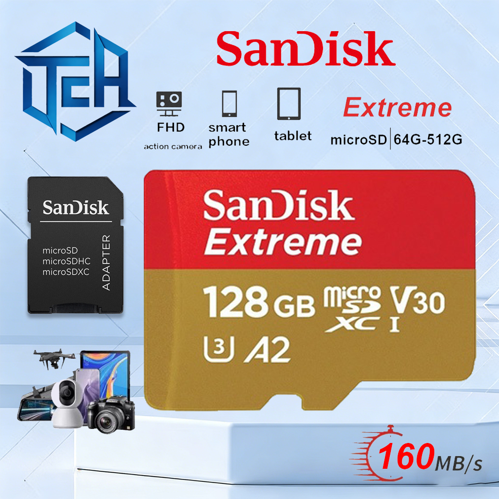 【รับประกัน 5 ปี】SanDisk Extreme microSDXC 128GB V30 U3 C10 A2 190MB/s MicroSD SanDisk Ultra A1 Memory SD Card | 16GB-1TB | ความเร็วสูงสําหรับสมาร์ทโฟนและแท็บเล็ต