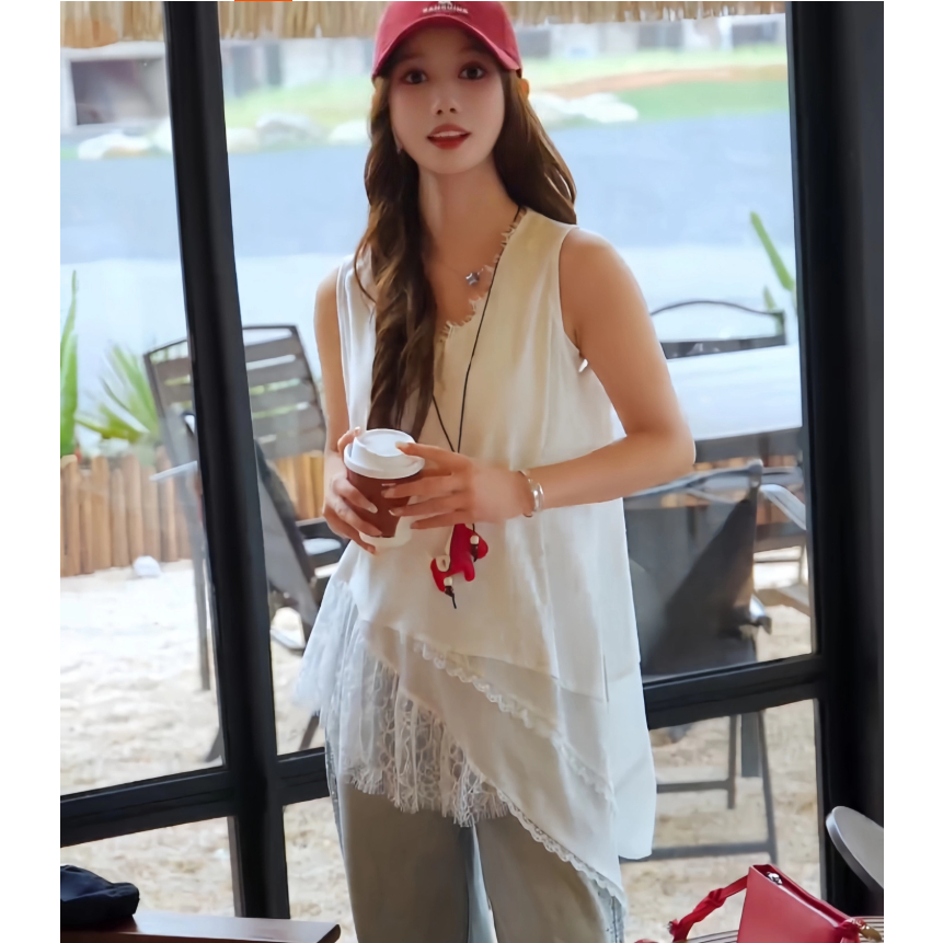 NZN เสื้อแขนกุดผู้หญิง คอวี ผ้าลูกไม้ ชายเสื้อไม่เท่ากัน ทรงหลวม สไตล์เกาหลี มินิมอล สีพื้น เสื้อตัวใน แมทช์ง่าย ใส่เที่ยว