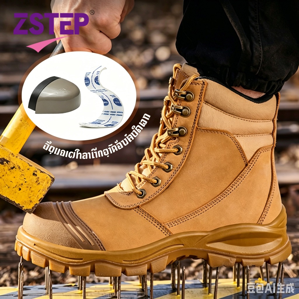ZSTEP รองเท้าบูทเหล็ก กันลื่น เพื่อความปลอดภัย ซิปเหล็กหัวบู๊ทส์กันน้ำและกันกระแทก