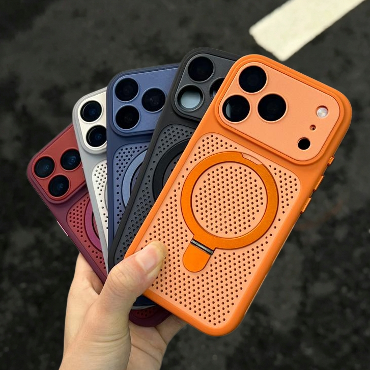 【With Bracket/Plaid large window/Three-stage cooling backplate/ acrylic hard case/Orange】เคส compatible for iPhone 12 13 14 15 16 17 pro max case
