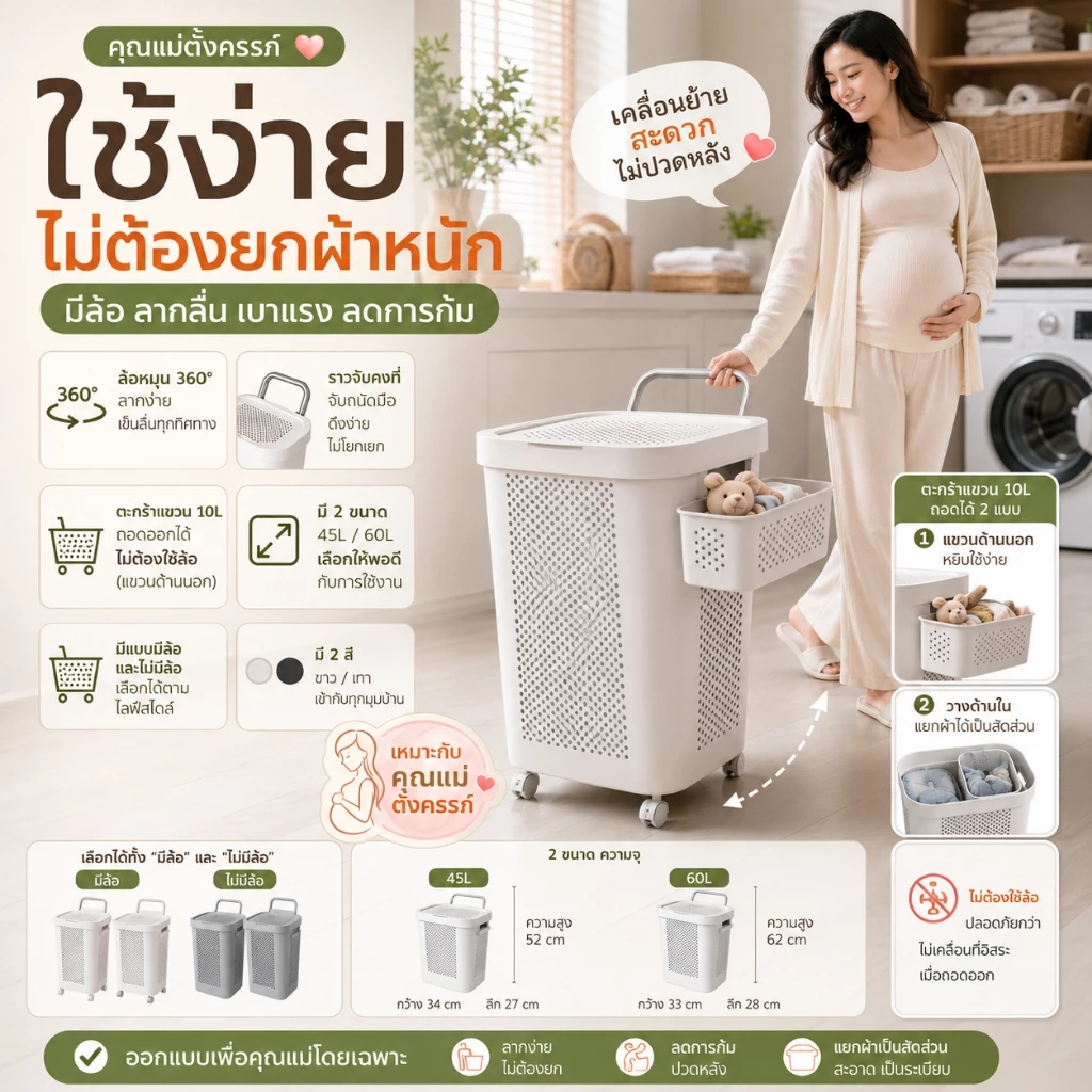 ตะกร้าผ้ามีล้อ 45L/60L พร้อมฝาปิดและด้ามลาก ตะกร้าซักผ้ามินิมอล พับเก็บได้ ล้อหมุน360° จุผ้าเยอะ มีตะกร้าแยกชุดชั้นใน thumbnail 10