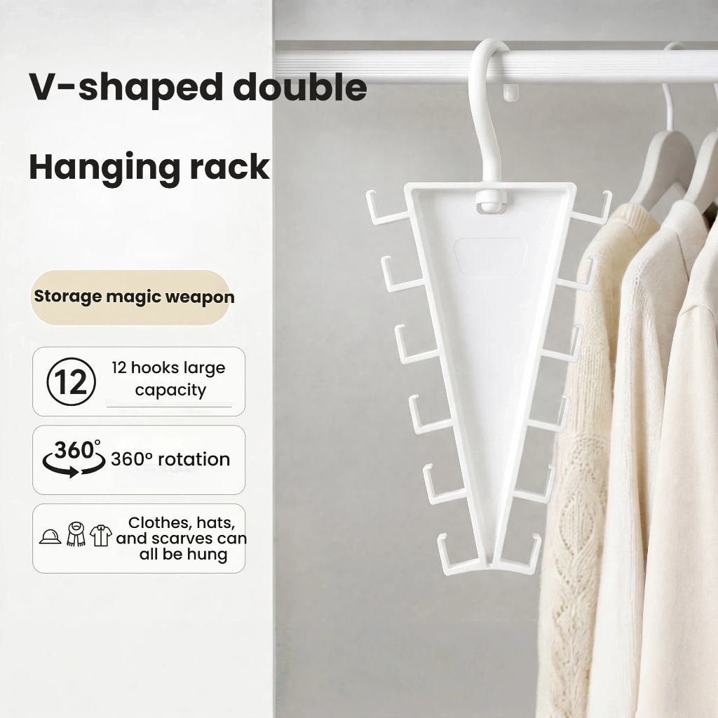 ไม้แขวนเสื้อรูปตัววีหมุนได้ 360 องศาราวแขวนสองด้านที่เก็บของมหัศจรรย์ หนึ่งตะขอสําหรับหลายใช้, ชั้นเก็บของตู้เสื้อผ้าประหยัดพื้นที่, เข็มขัด, หมวก, เสื้อผ้า