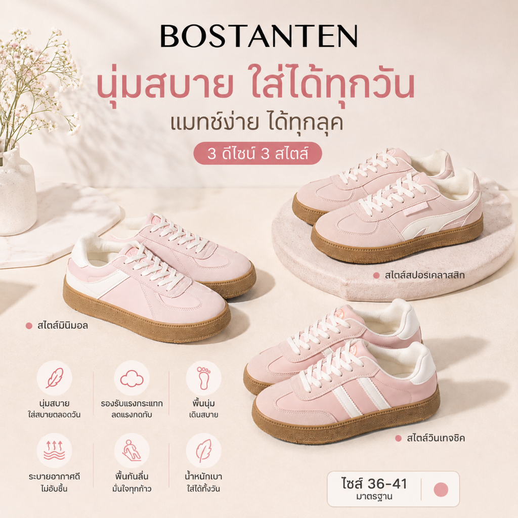 【สินค้าพร้อมส่งจากไทย】BOSTANTEN รองเท้าผ้าใบผู้หญิง สีชมพูพาสเทลสุดคิวท์ รองเท้าผ้าใบแฟชั่นสไตล์เกาหลี นุ่มเบาสบาย ไม่กัดเท้า เดินได้ทั้งวัน ไซส์ 36-41