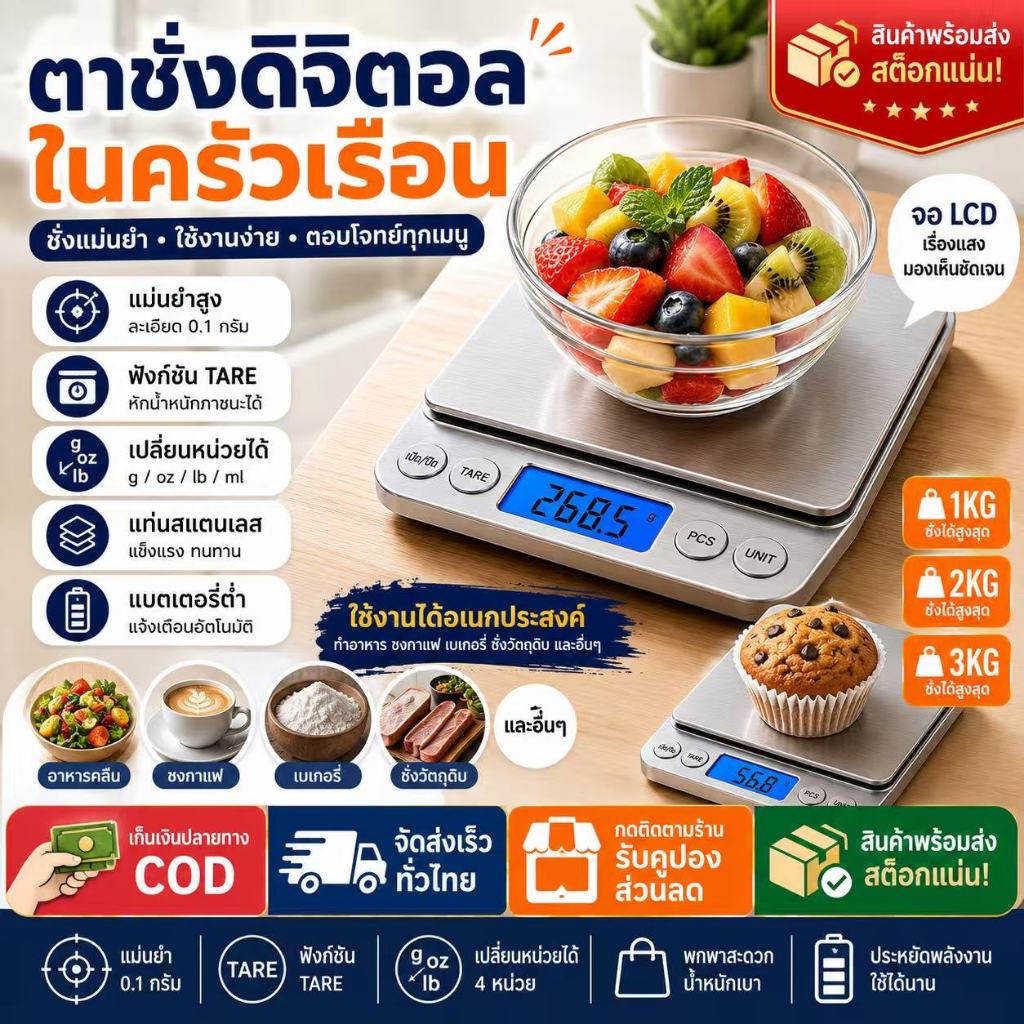 เครื่องชั่งดิจิตอล 1kg/2kg/3kg ตาชั่งอาหาร ดิจิตอลความแม่นยำสูง สำหรับเบเกอรี่และชั่งกาแฟ กันน้ำ