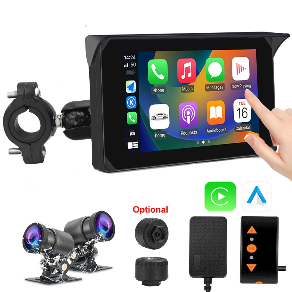 VSYSTO รถจักรยานยนต์ Carplay, HD 1080P กล้องหน้าและหลังกันน้ํา 5 นิ้วหน้าจอสัมผัส WiFi รถมอเตอร์ไซด์ Dash Cam, เซ็นเซอร์ความดันยาง, GPS, การตรวจสอบที่จอดรถ, โหมดย้อนกลับ