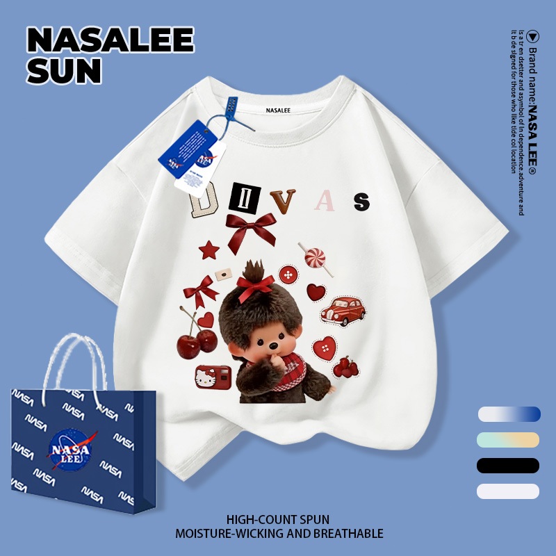 [จัดส่งภายในกรุงเทพวันเดียว] เด็กเสื้อยืดสีขาวผ้าฝ้ายแท้ระบายอากาศบรรยากาศการ์ตูน Childlike Monchichi ลายน่ารัก 3-16 ปีหลวมสบายๆแขนสั้น