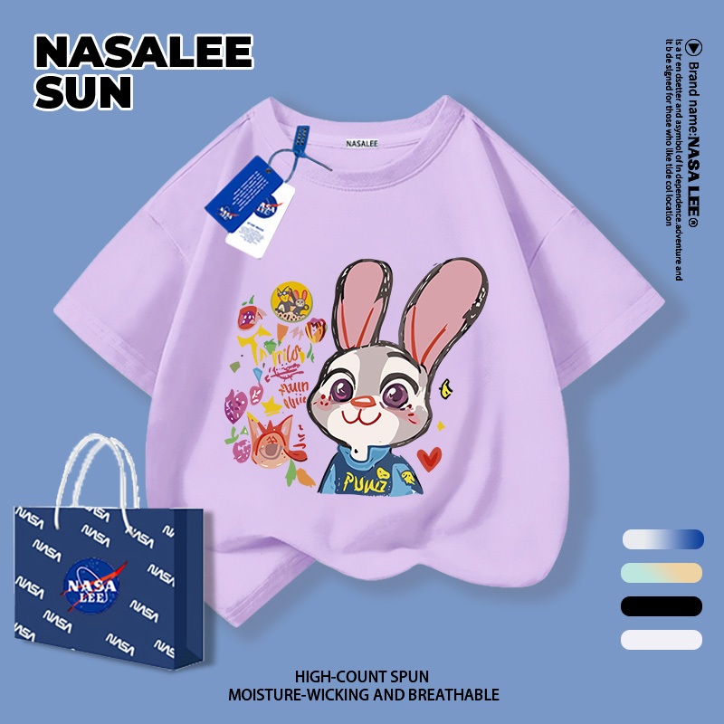 [จัดส่งภายในกทม. วันเดียว] เด็กสีม่วงผ้าฝ้ายแท้ระบายอากาศเสื้อยืดบรรยากาศการ์ตูนกระต่าย เด็กชอบ ลายน่ารัก 3-16 ปีหลวมสบายๆแขนสั้น